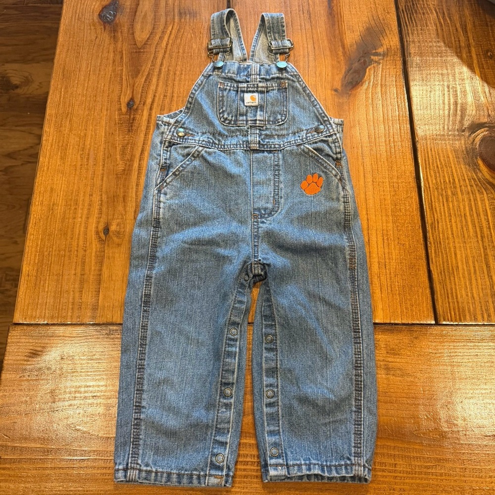 Carhartt Kids Blue Denim Bib Overalls 18M Snap Inseam Workwear Adj Clemson Paw
